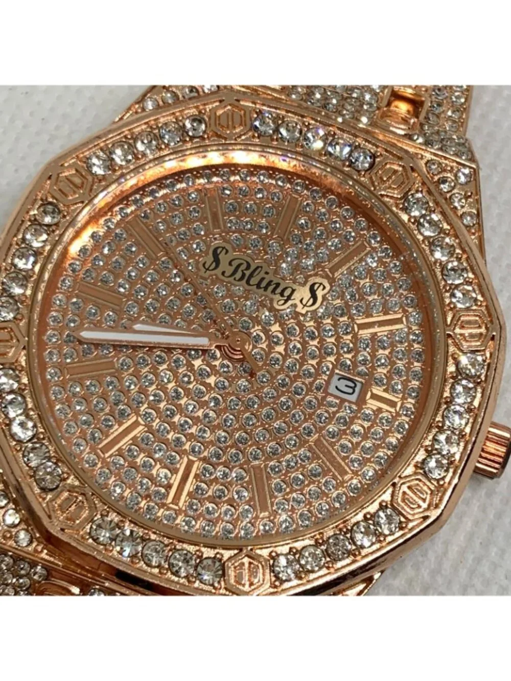 Bling iced men watch rose gold tone 41mm date indicator quartz up to 8” running